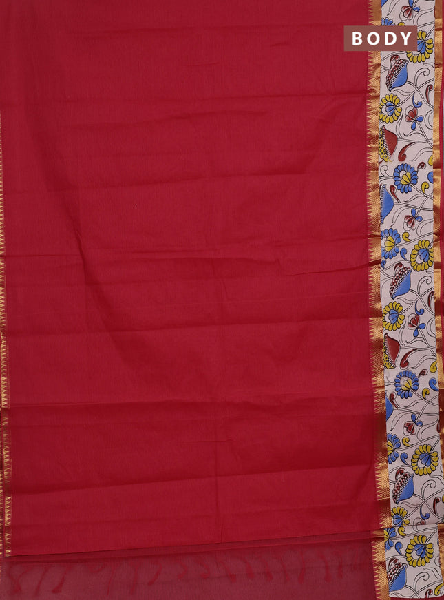 Mangalagiri cotton saree red and beige with plain body and long zari woven kalamkari printed border & blouse