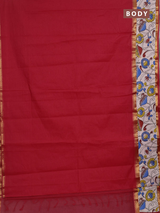 Mangalagiri cotton saree red and beige with plain body and long zari woven kalamkari printed border & blouse