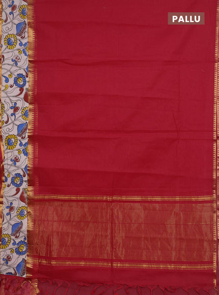 Semi mangalagiri cotton saree red and beige with plain body and long zari woven kalamkari printed border & blouse