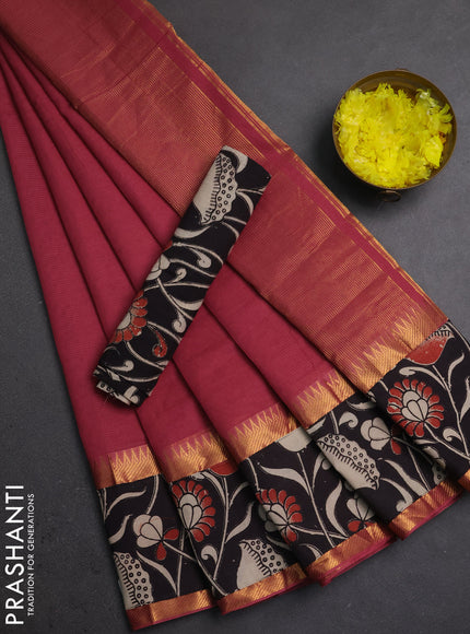 Semi mangalagiri cotton saree mauve pink and black with plain body and long zari woven kalamkari printed border & blouse