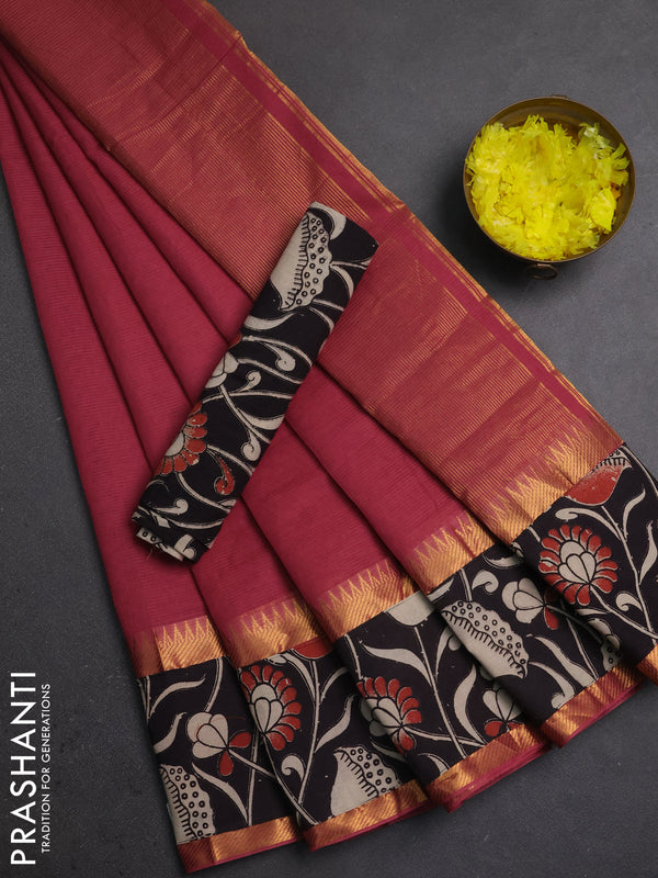 Mangalagiri cotton saree mauve pink and black with plain body and long zari woven kalamkari printed border & blouse