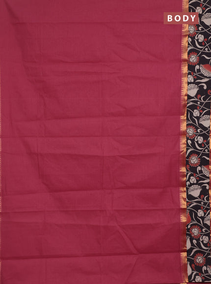 Semi mangalagiri cotton saree mauve pink and black with plain body and long zari woven kalamkari printed border & blouse