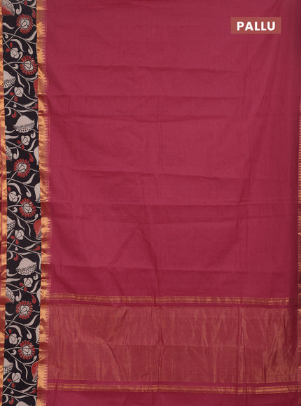Semi mangalagiri cotton saree mauve pink and black with plain body and long zari woven kalamkari printed border & blouse