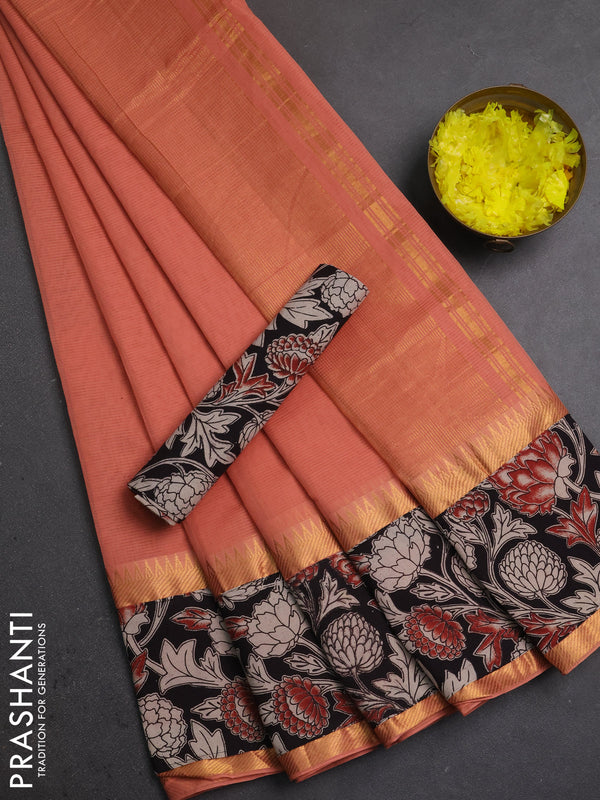 Mangalagiri cotton saree peach and black with plain body and long zari woven kalamkari printed border & blouse