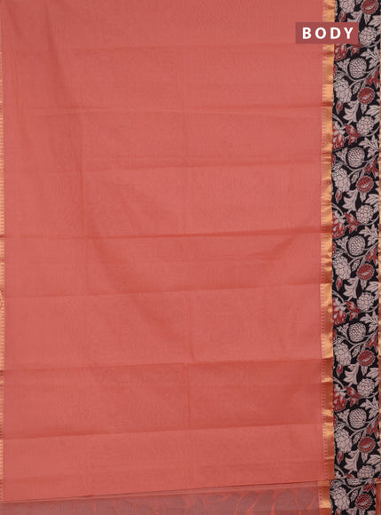 Semi mangalagiri cotton saree peach and black with plain body and long zari woven kalamkari printed border & blouse