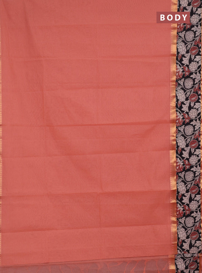 Mangalagiri cotton saree peach and black with plain body and long zari woven kalamkari printed border & blouse