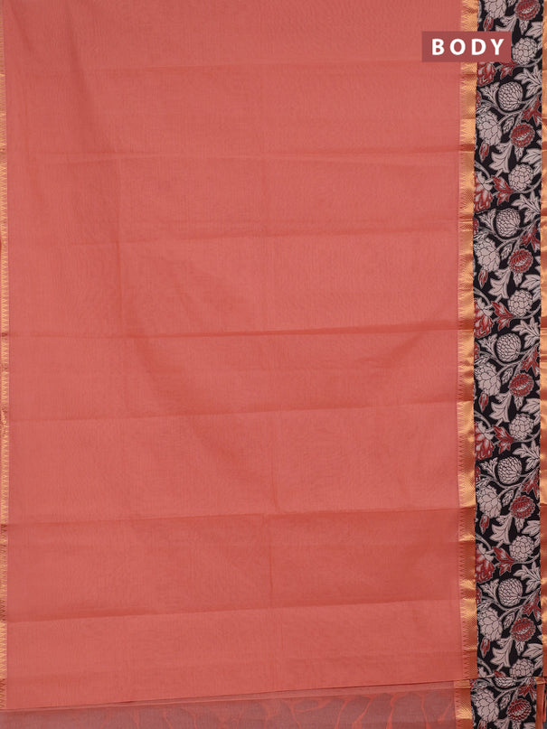 Mangalagiri cotton saree peach and black with plain body and long zari woven kalamkari printed border & blouse