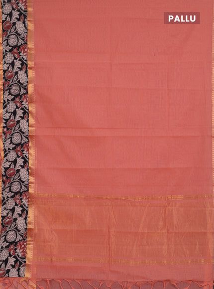 Semi mangalagiri cotton saree peach and black with plain body and long zari woven kalamkari printed border & blouse
