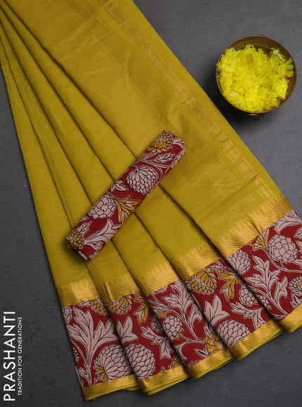 Semi mangalagiri cotton saree lime yellow and maroon with plain body and long zari woven kalamkari printed border & blouse