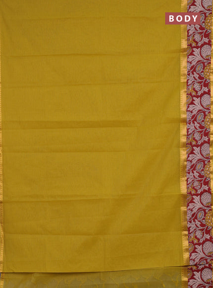 Semi mangalagiri cotton saree lime yellow and maroon with plain body and long zari woven kalamkari printed border & blouse