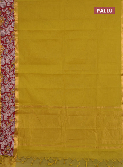 Semi mangalagiri cotton saree lime yellow and maroon with plain body and long zari woven kalamkari printed border & blouse