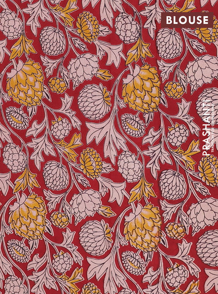 Semi mangalagiri cotton saree lime yellow and maroon with plain body and long zari woven kalamkari printed border & blouse