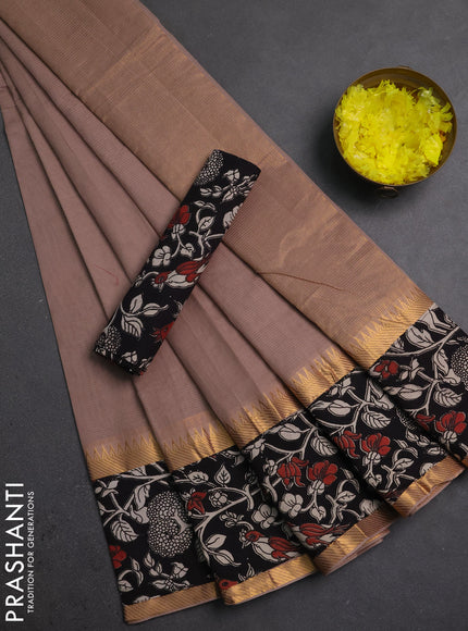 Semi mangalagiri cotton saree rosy brown and black with plain body and long zari woven kalamkari printed border & blouse