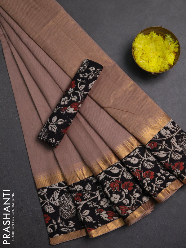 Mangalagiri cotton saree rosy brown and black with plain body and long zari woven kalamkari printed border & blouse