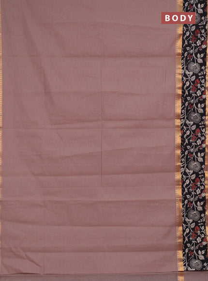 Semi mangalagiri cotton saree rosy brown and black with plain body and long zari woven kalamkari printed border & blouse
