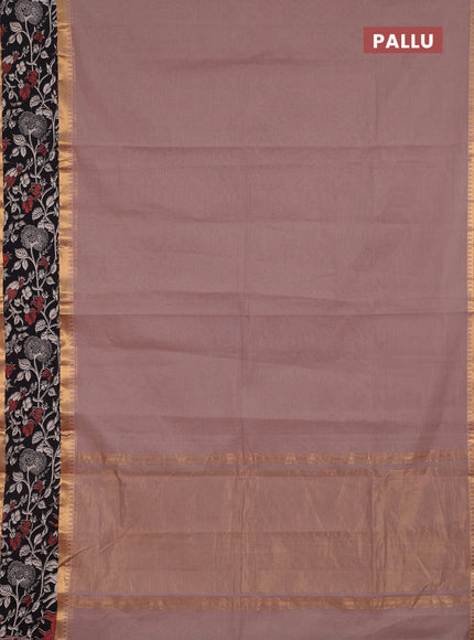Semi mangalagiri cotton saree rosy brown and black with plain body and long zari woven kalamkari printed border & blouse