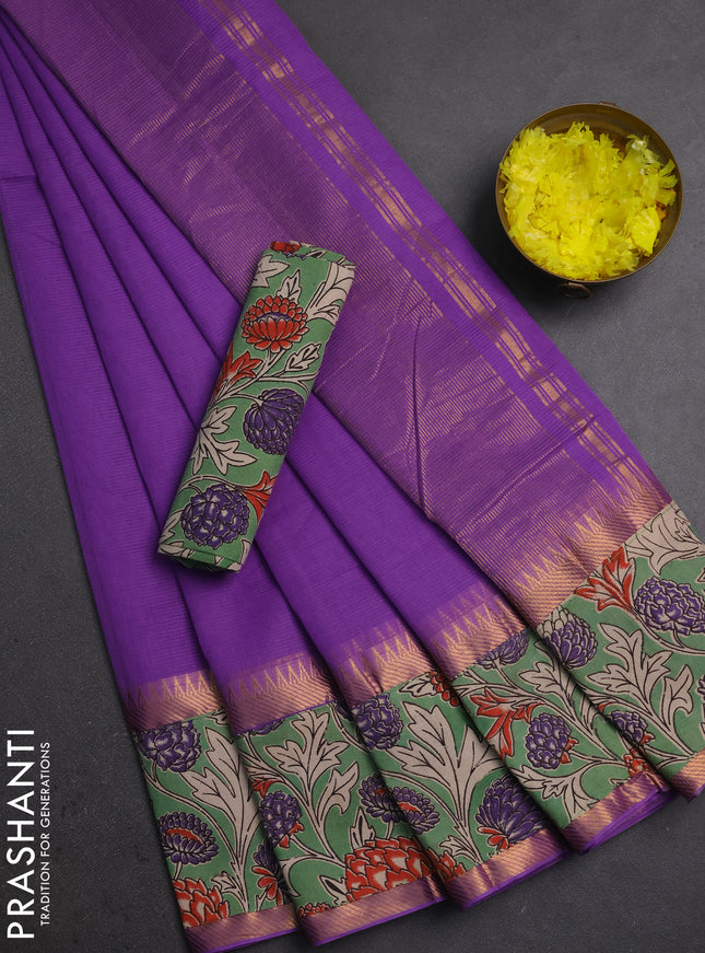 Mangalagiri cotton saree lavender and pastel green with plain body and long zari woven kalamkari printed border & blouse