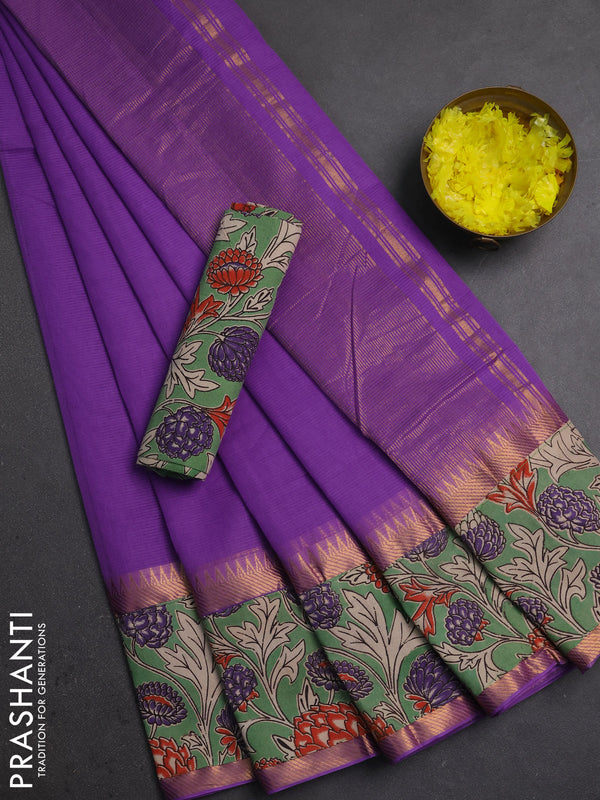 Mangalagiri cotton saree lavender and pastel green with plain body and long zari woven kalamkari printed border & blouse
