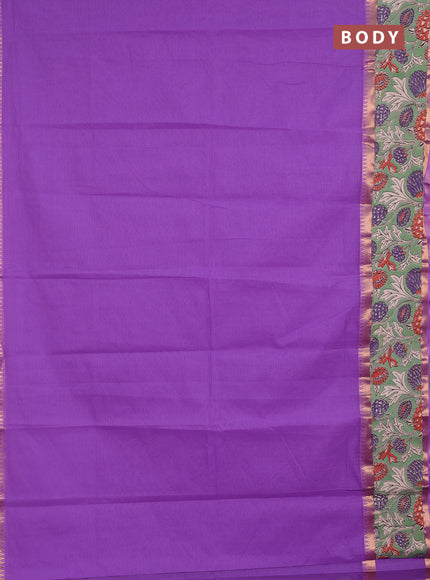 Semi mangalagiri cotton saree lavender and pastel green with plain body and long zari woven kalamkari printed border & blouse