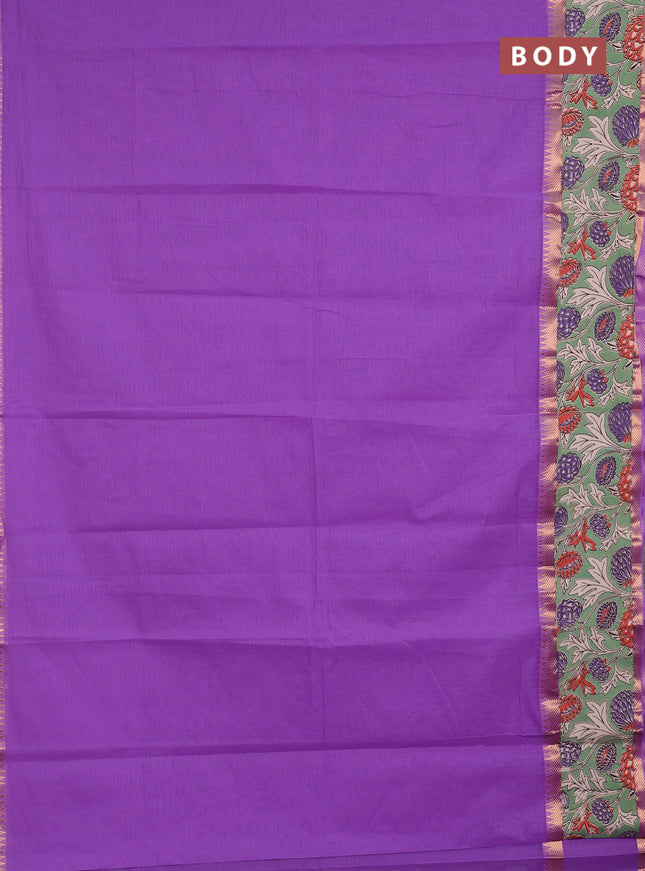 Mangalagiri cotton saree lavender and pastel green with plain body and long zari woven kalamkari printed border & blouse