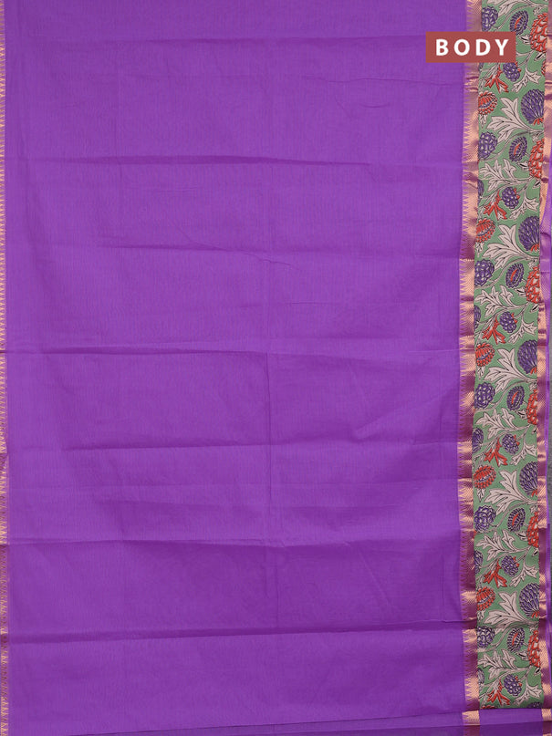 Mangalagiri cotton saree lavender and pastel green with plain body and long zari woven kalamkari printed border & blouse