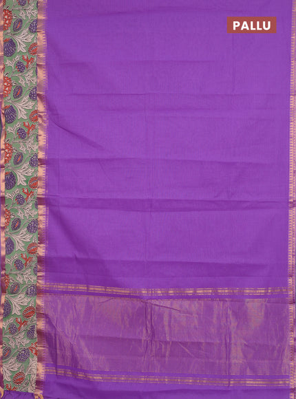 Semi mangalagiri cotton saree lavender and pastel green with plain body and long zari woven kalamkari printed border & blouse