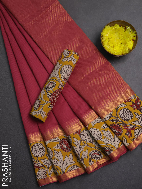 Mangalagiri cotton saree mauve pink and yellow with plain body and long zari woven kalamkari printed border & blouse