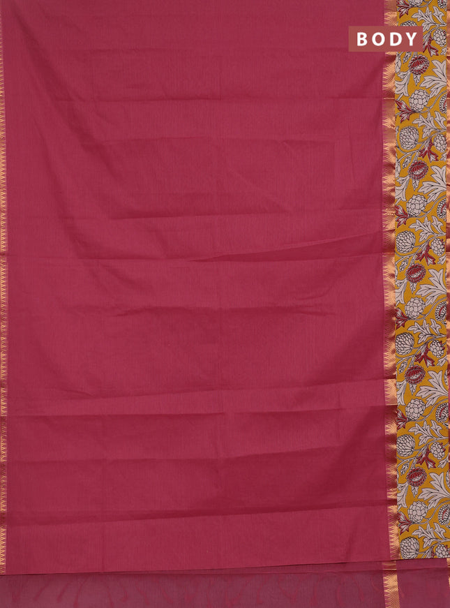 Mangalagiri cotton saree mauve pink and yellow with plain body and long zari woven kalamkari printed border & blouse