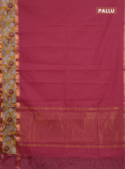 Semi mangalagiri cotton saree mauve pink and yellow with plain body and long zari woven kalamkari printed border & blouse