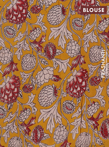 Semi mangalagiri cotton saree mauve pink and yellow with plain body and long zari woven kalamkari printed border & blouse
