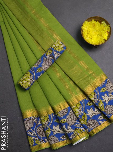 Semi mangalagiri cotton saree light green and cs blue with plain body and long zari woven kalamkari printed border & blouse