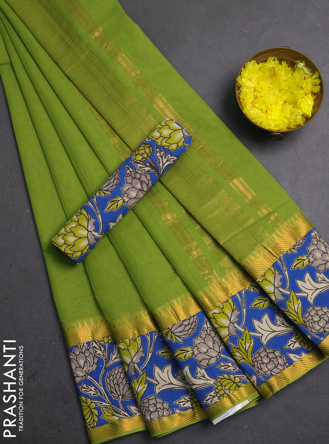 Mangalagiri cotton saree light green and cs blue with plain body and long zari woven kalamkari printed border & blouse