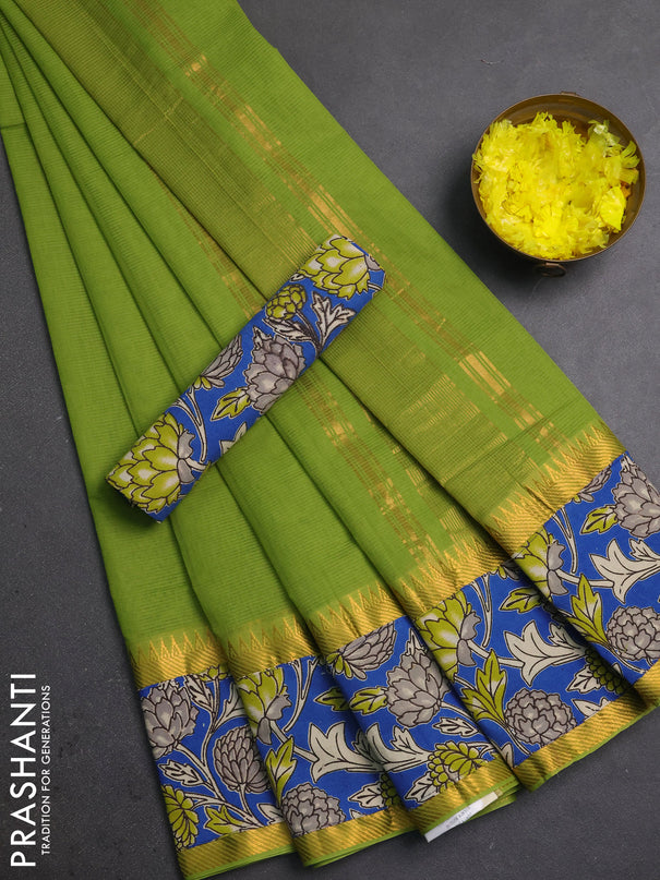 Mangalagiri cotton saree light green and cs blue with plain body and long zari woven kalamkari printed border & blouse