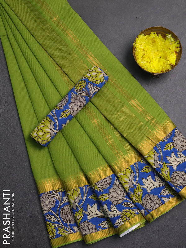 Mangalagiri cotton saree light green and cs blue with plain body and long zari woven kalamkari printed border & blouse