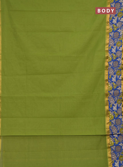 Semi mangalagiri cotton saree light green and cs blue with plain body and long zari woven kalamkari printed border & blouse