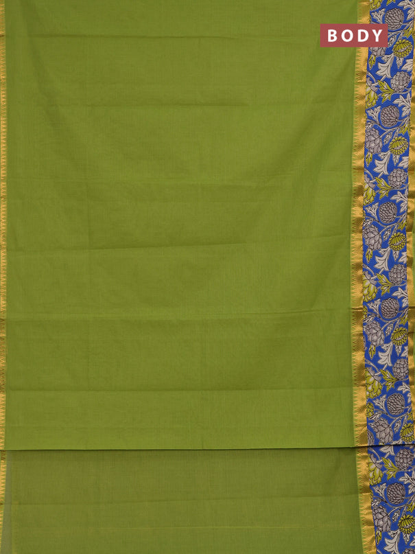Mangalagiri cotton saree light green and cs blue with plain body and long zari woven kalamkari printed border & blouse