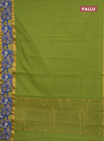 Semi mangalagiri cotton saree light green and cs blue with plain body and long zari woven kalamkari printed border & blouse