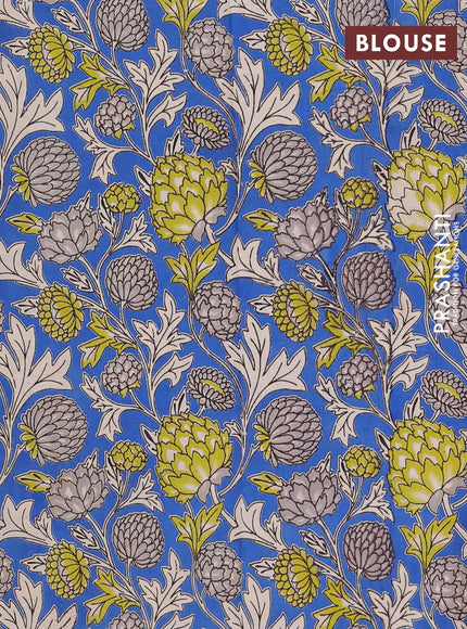 Semi mangalagiri cotton saree light green and cs blue with plain body and long zari woven kalamkari printed border & blouse