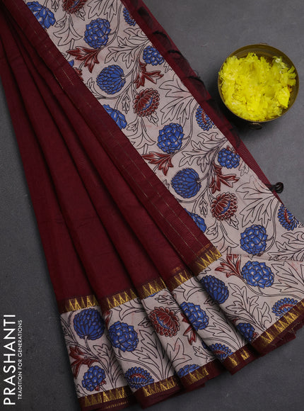 Semi mangalagiri cotton saree maroon and beige with plain body and long zari woven kalamkari printed border & blouse