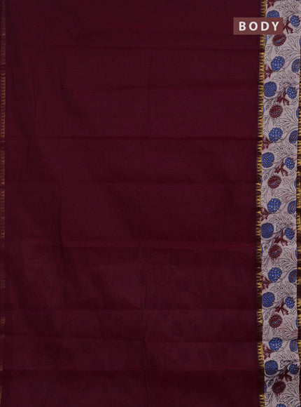 Semi mangalagiri cotton saree maroon and beige with plain body and long zari woven kalamkari printed border & blouse
