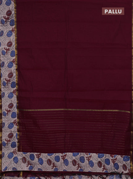 Semi mangalagiri cotton saree maroon and beige with plain body and long zari woven kalamkari printed border & blouse
