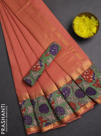 Semi mangalagiri cotton saree peach and pastel green with plain body and long zari woven kalamkari printed border & blouse