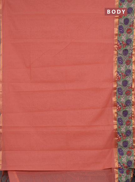 Semi mangalagiri cotton saree peach and pastel green with plain body and long zari woven kalamkari printed border & blouse