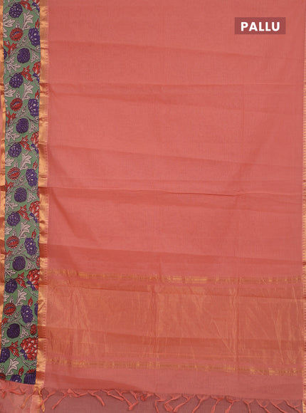 Semi mangalagiri cotton saree peach and pastel green with plain body and long zari woven kalamkari printed border & blouse
