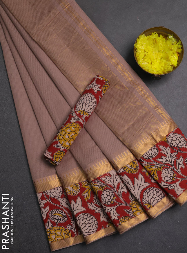 Mangalagiri cotton saree rosy brown and maroon with plain body and long zari woven kalamkari printed border & blouse