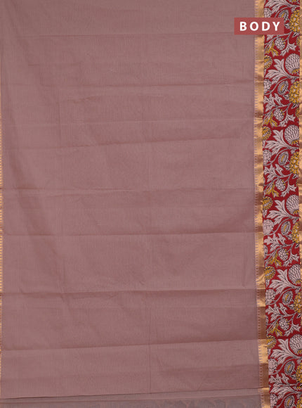 Semi mangalagiri cotton saree rosy brown and maroon with plain body and long zari woven kalamkari printed border & blouse