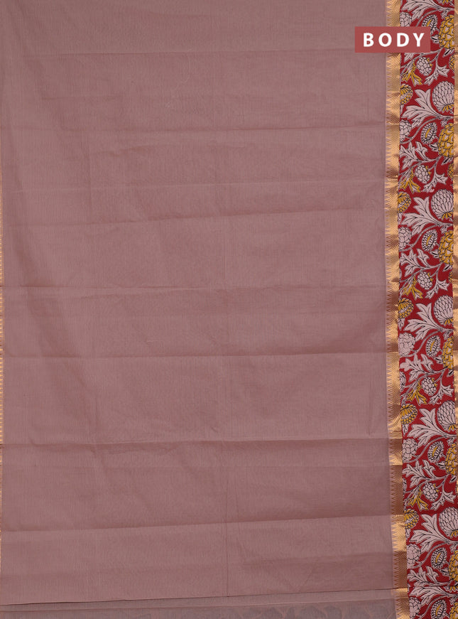 Mangalagiri cotton saree rosy brown and maroon with plain body and long zari woven kalamkari printed border & blouse