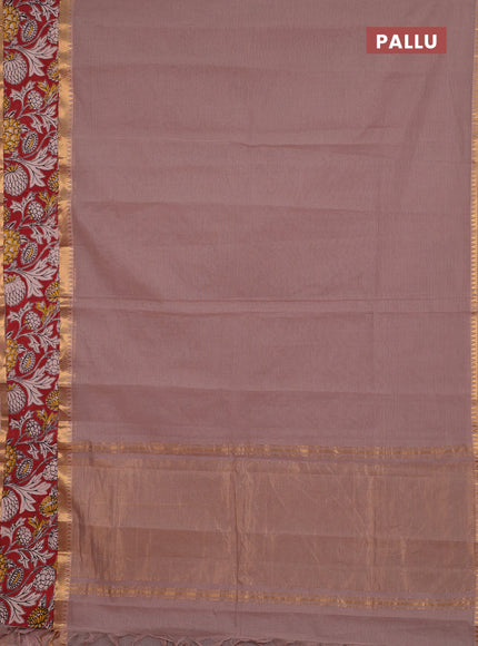 Semi mangalagiri cotton saree rosy brown and maroon with plain body and long zari woven kalamkari printed border & blouse
