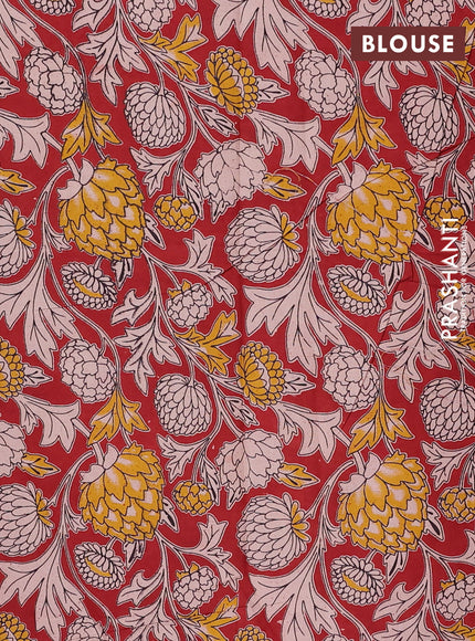 Semi mangalagiri cotton saree rosy brown and maroon with plain body and long zari woven kalamkari printed border & blouse