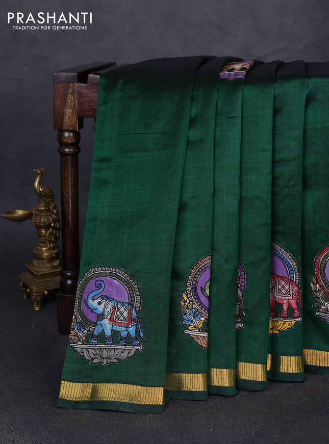 Silk cotton saree bottle green with kalamkari applique work and zari woven border